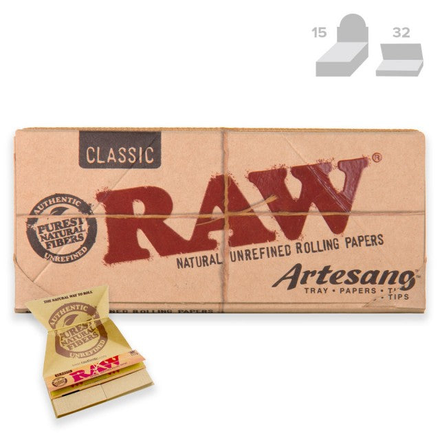 Raw Classic Artesano Kingsize Slim Natural Rolling Papers With Tips And Tray 32 Papers 15 Box 15Pcs