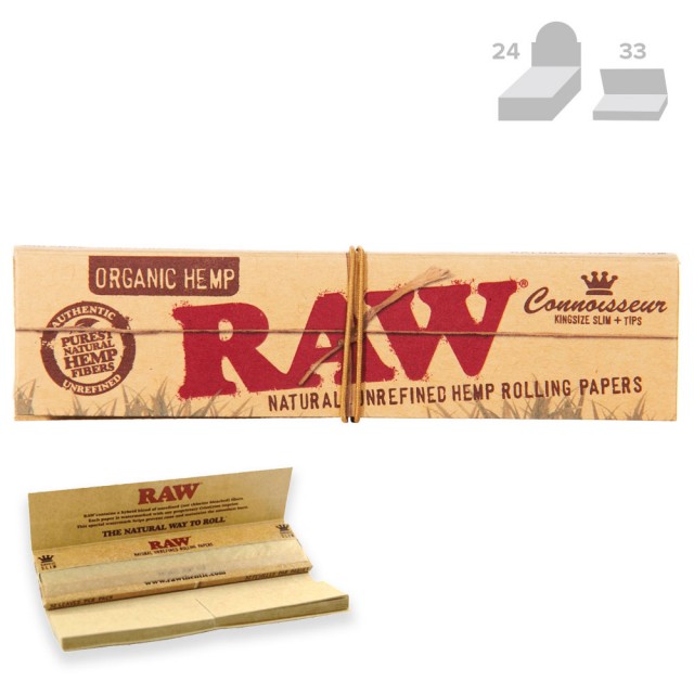 Raw Classic Connoisseur Kingsize Slim With Tips Natural Rolling Paper 32 Papers 24 Box 5Pcs