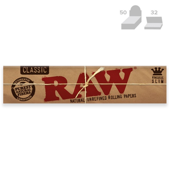 Raw Classic Kingsize Slim Natural Rolling Papers 32 Papers 50 Box 5Pcs